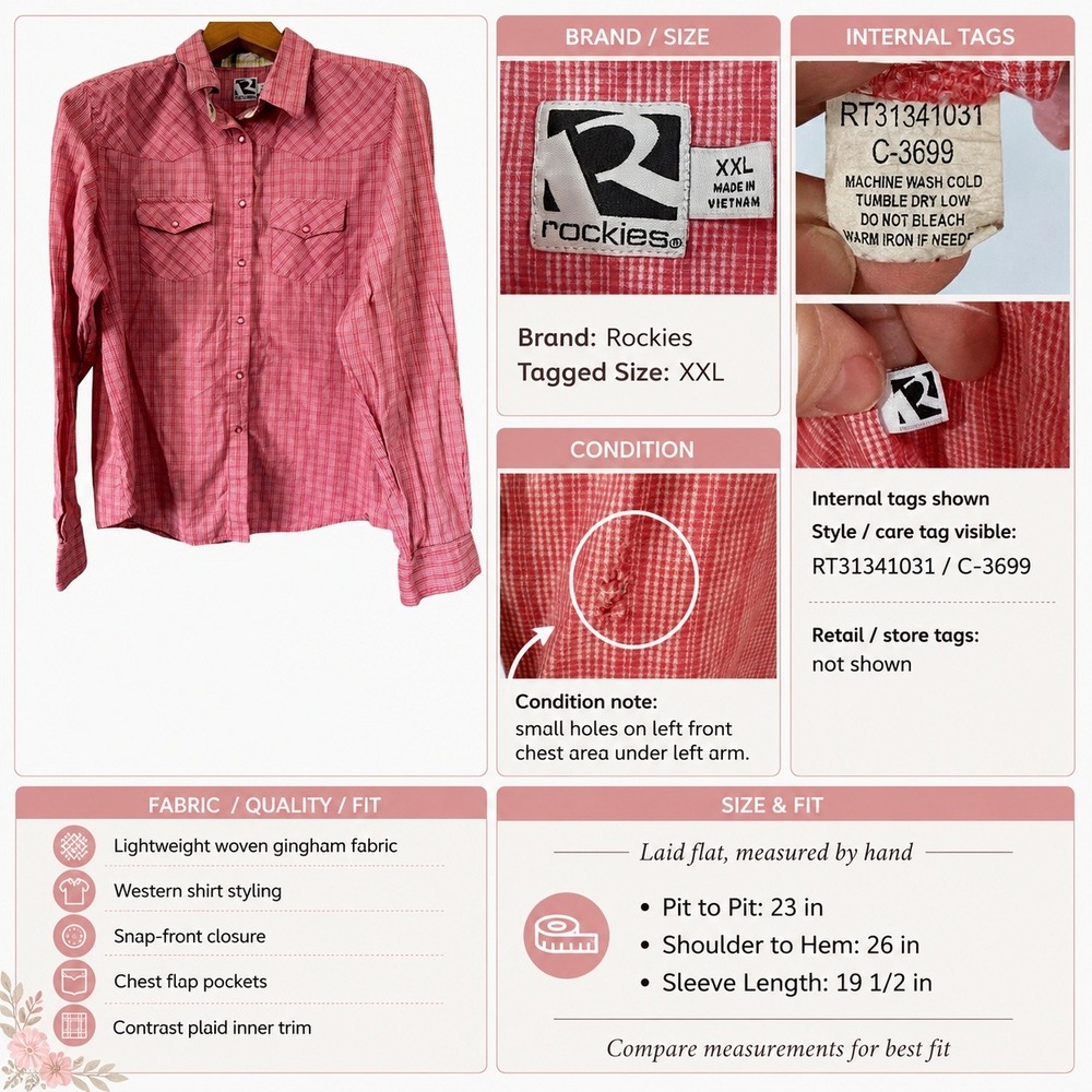 Rockies Western Shirt Women XXL Pink Good Gingham Snap Front Plaid RT31341031 - Picture 6 of 14